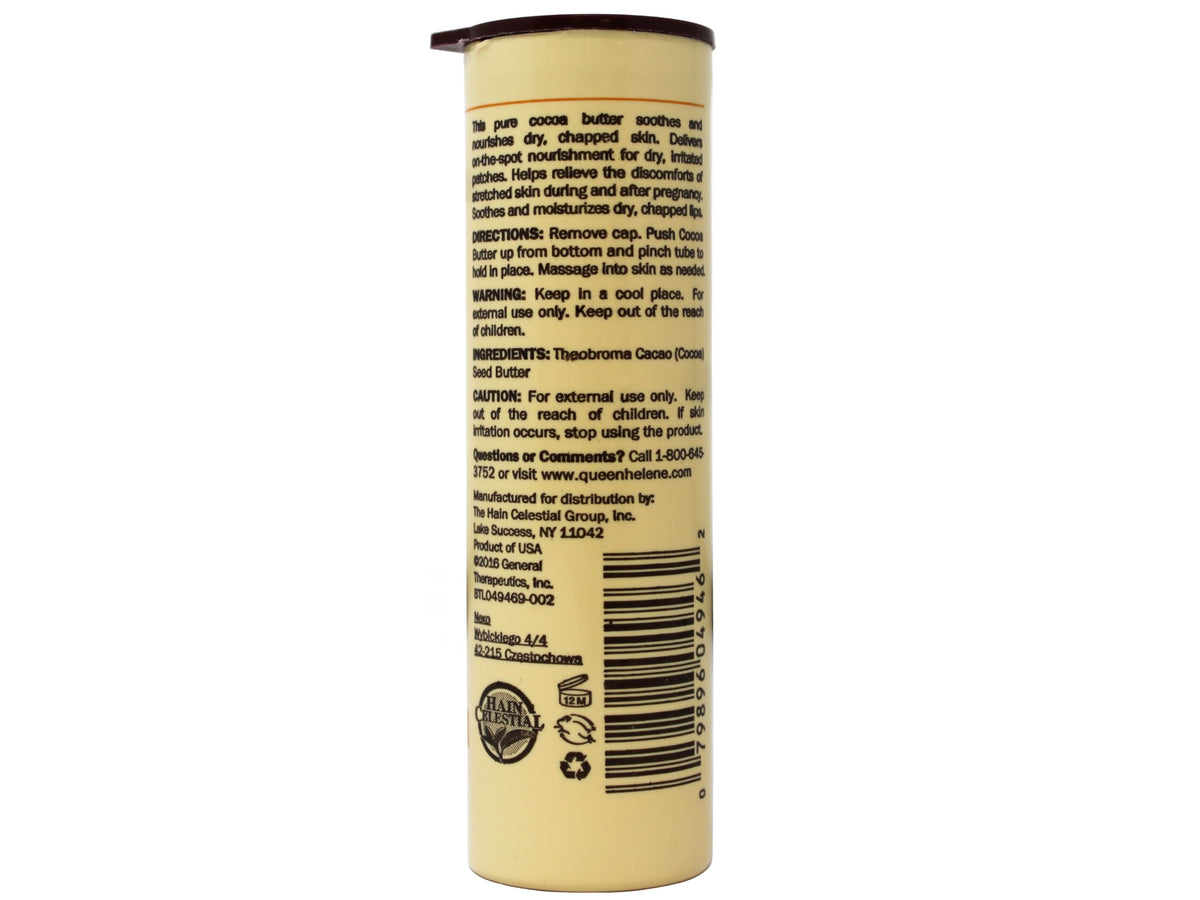 Packaging label highlights cocoa butter ingredients and heritage.