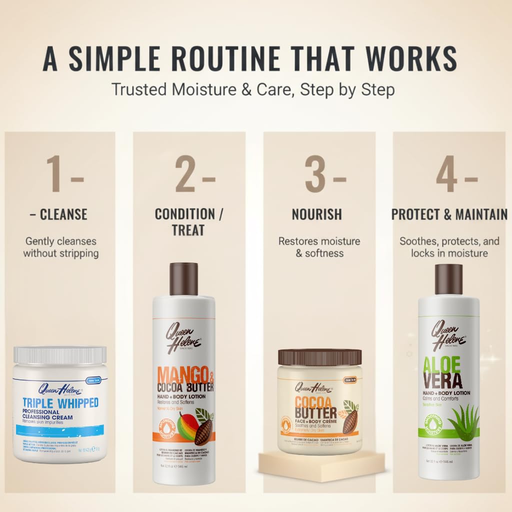 Packaging and routine with Queen Helene Lotion fits daily beauty rituals.
