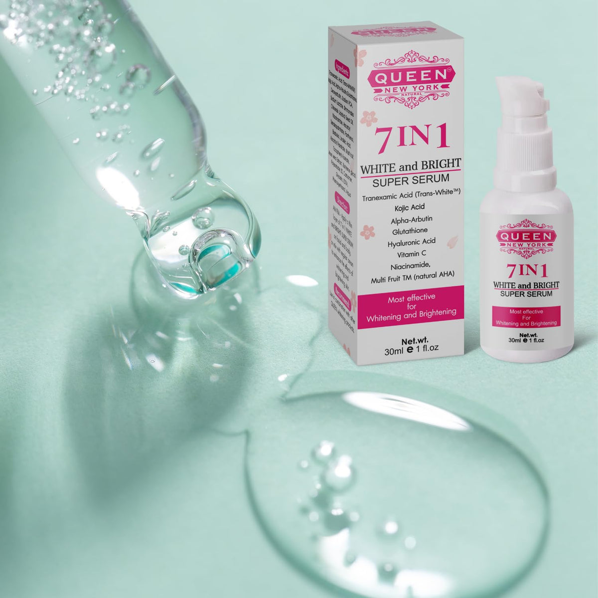 QUEEN NEW YORK 7-in-1 serum on a clean dresser for spa-like skincare.