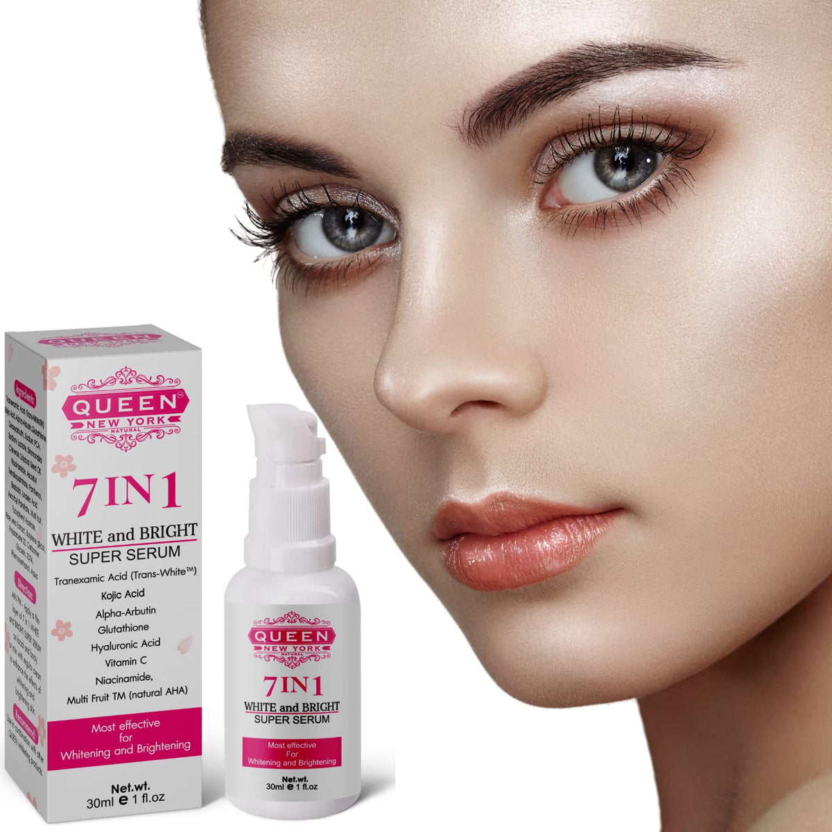 QUEEN NEW YORK 7-in-1 serum bottle front, premium packaging signals daily brightening use.