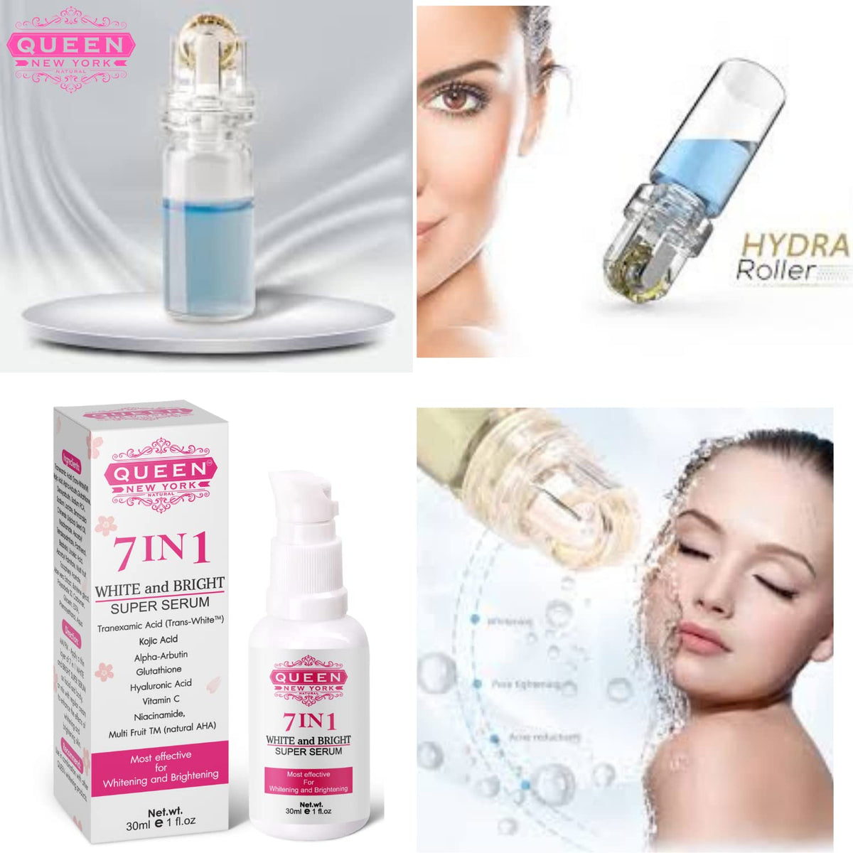 QUEEN NEW YORK 7-in-1 serum ingredients graphic, highlights active brightening components.