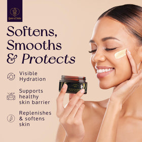 Queen of Shea facial care application with non-greasy finish