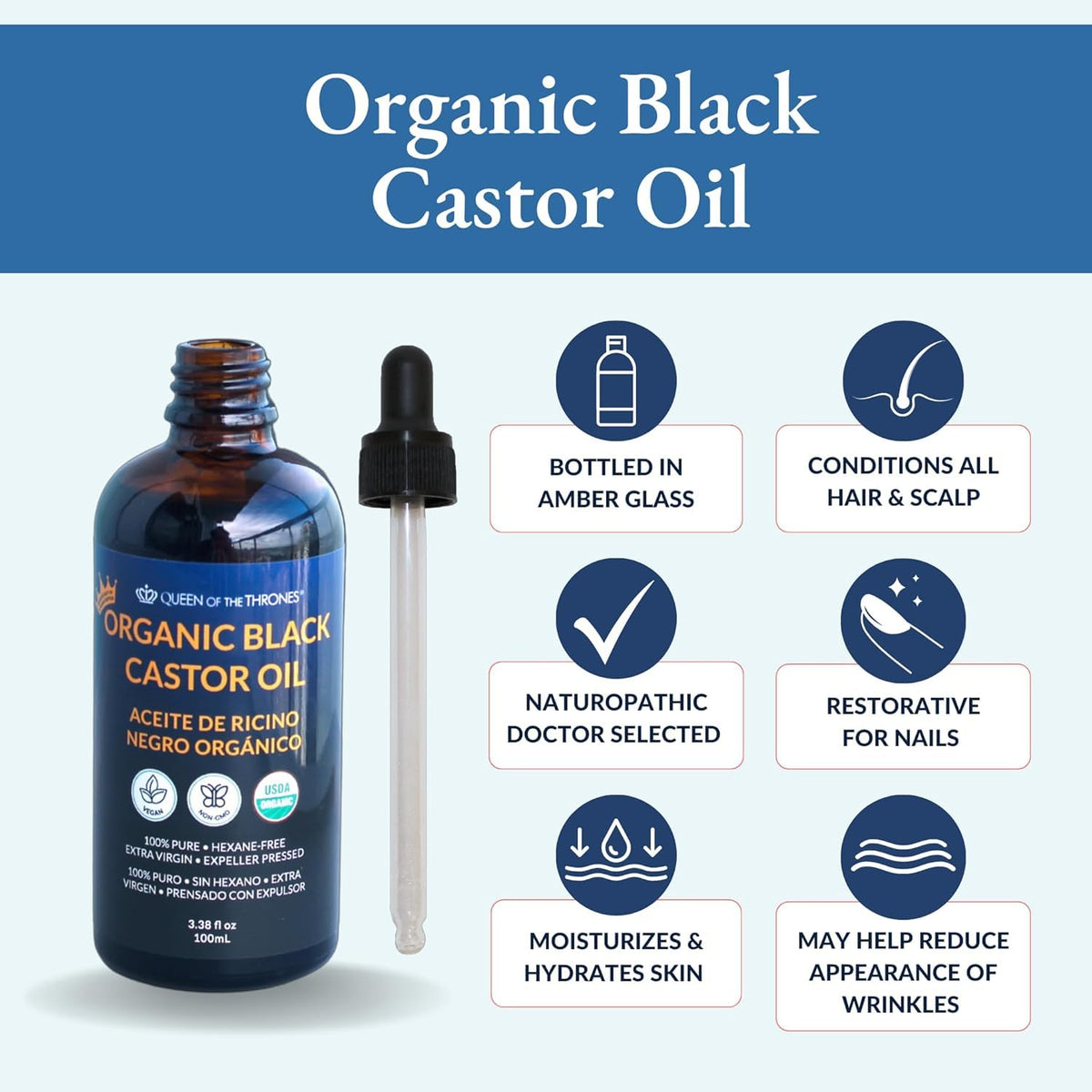 Nighttime moisture support from Queen of the Thrones Organic Black Castor Oil for skin and hair.