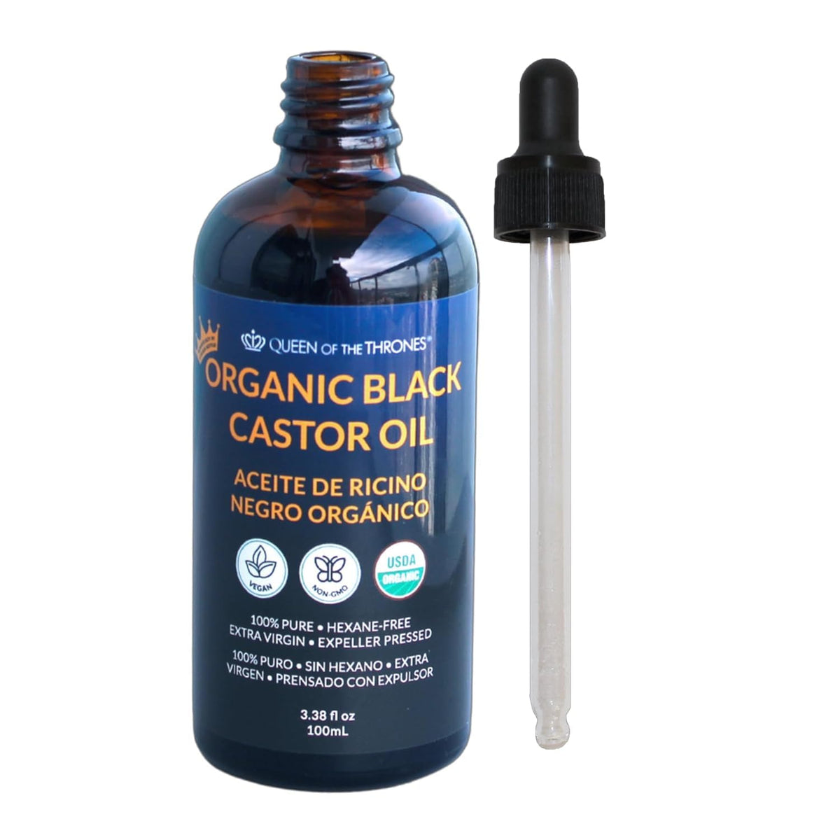 Queen of the Thrones Organic Black Castor Oil bottle with dropper for precise application and hydration.