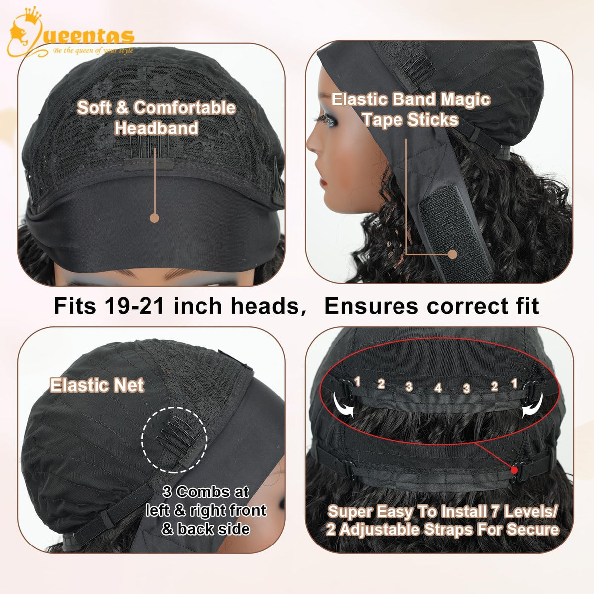 QUEENTAS anti-slip combs and cap ensure secure daily fit.