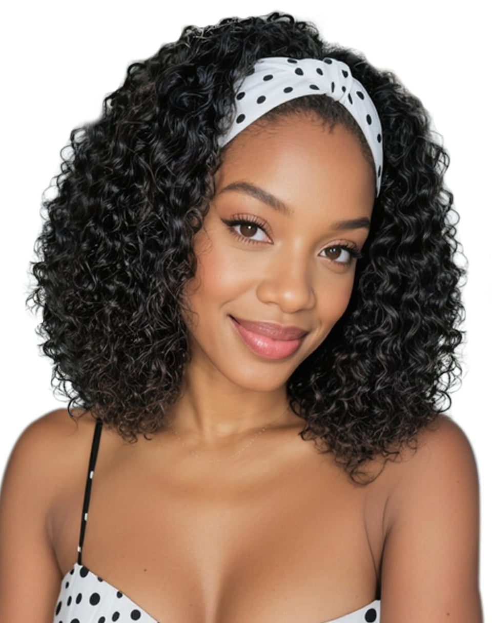 QUEENTAS deep wave headband wig close-up for natural hairline and easy daily wear.