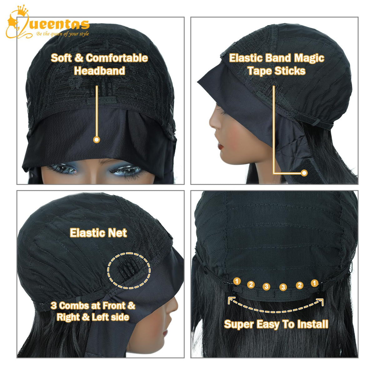 QUEENTAS glueless headband wig designed for quick, glue-free setup