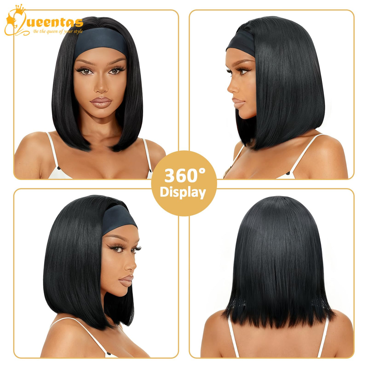 QUEENTAS heat-resistant fiber headband wig ready for light heat styling