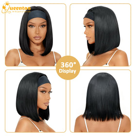 QUEENTAS heat-resistant fiber headband wig ready for light heat styling