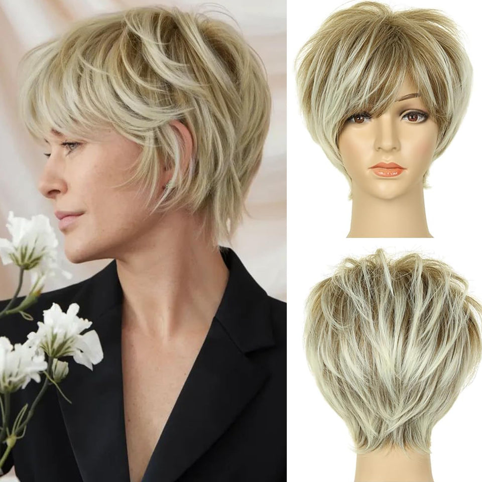 QUEENTAS pixie cut wig with bangs in ombre brown blonde for everyday wear and simple styling.