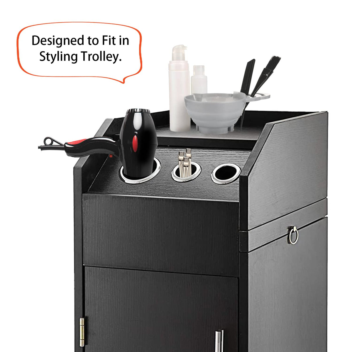 QUEESALN salon station organizer fits dryers, irons neatly.