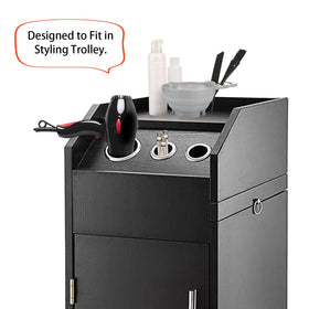 QUEESALN salon station organizer fits dryers, irons neatly.