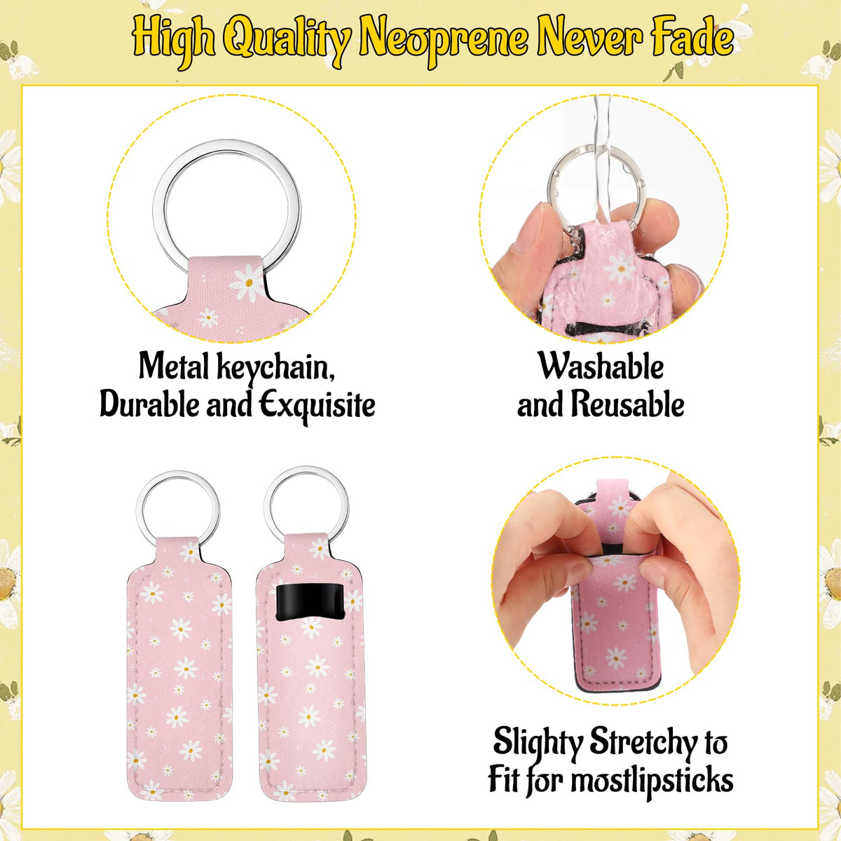 Quelay satin-daisy lip gloss holder on purse adds chic flair to any look.
