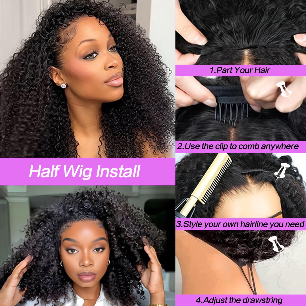 Querary kinky curly half wig adds voluminous high puff with natural movement.