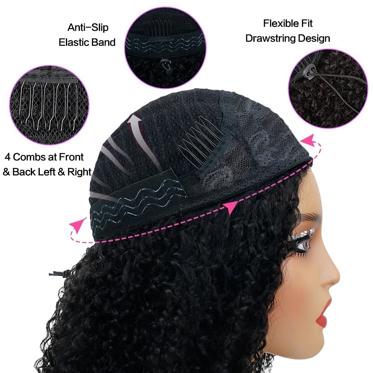 Querary kinky curly half wig with seamless cap for secure, glue-free wear.