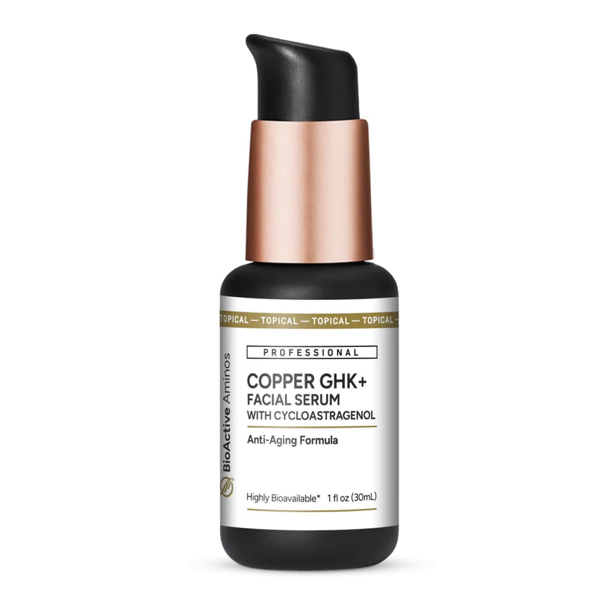 Quicksilver Scientific Copper GHK+ Serum bottle shown for daily skin support.