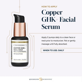 Quicksilver Copper GHK+ Serum packaging box emphasizes clean formulation.