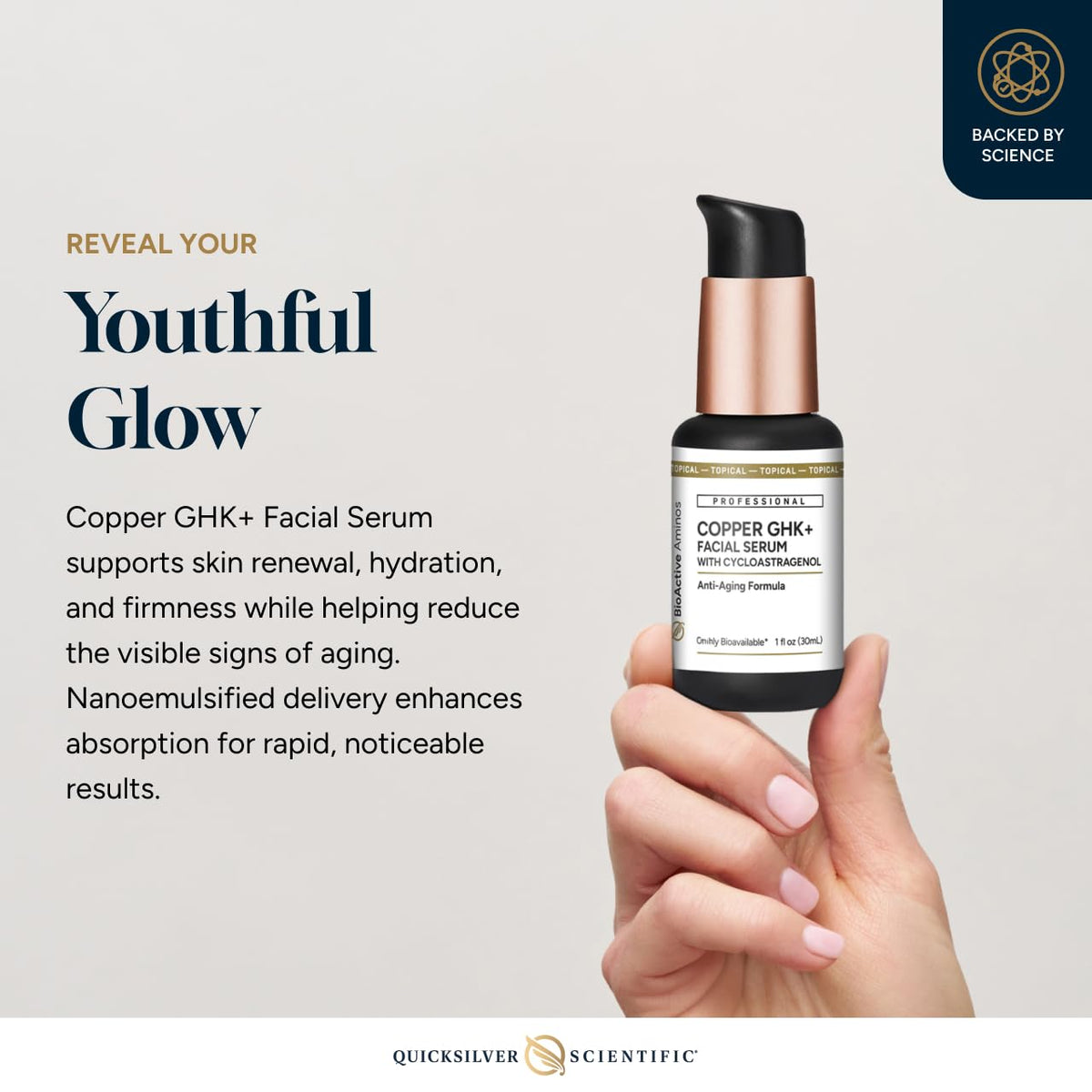 Quicksilver Copper GHK+ Serum texture closeup highlighting a smooth, absorbent formula.
