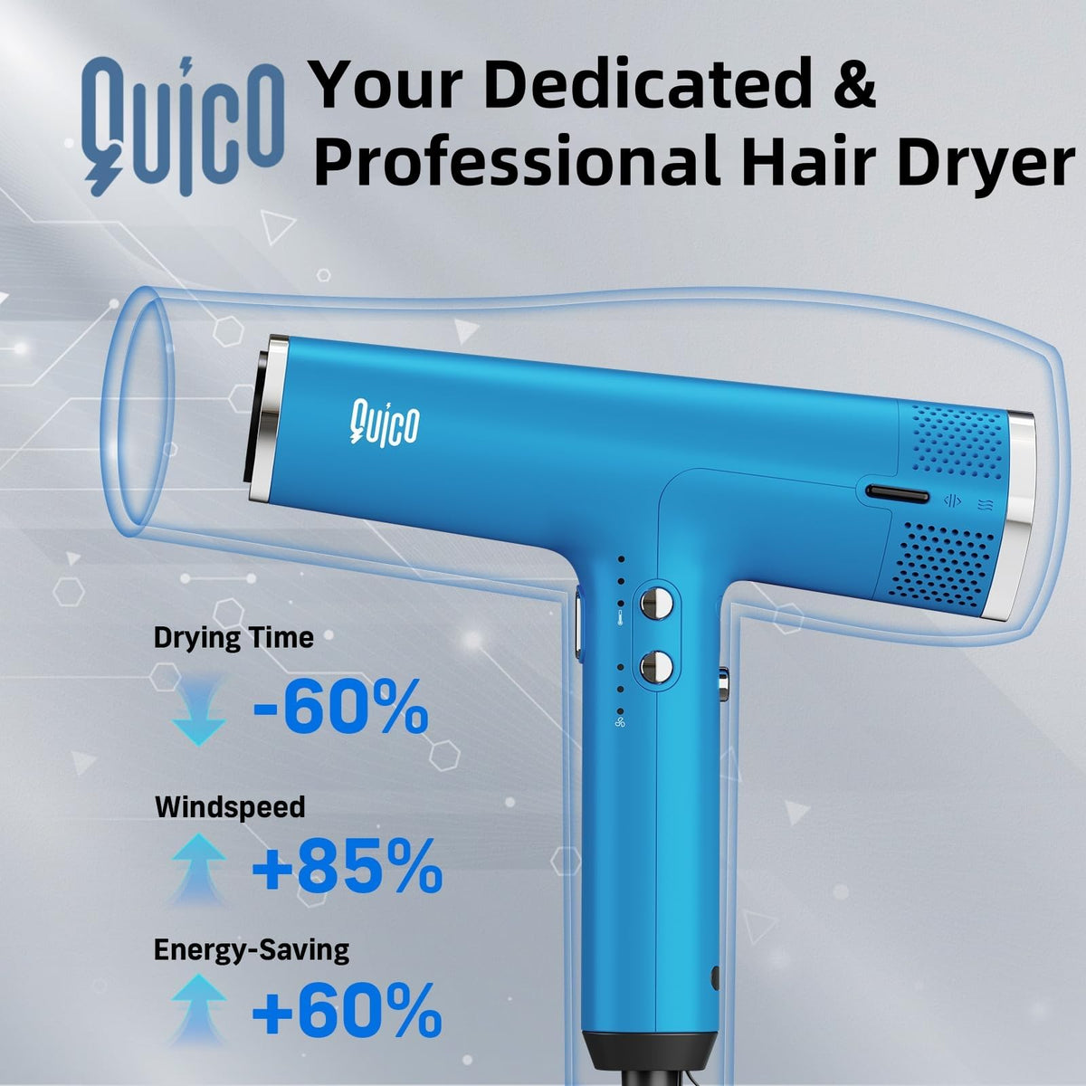 Quico hair dryer with 2B negative ions reduces static for smoother results