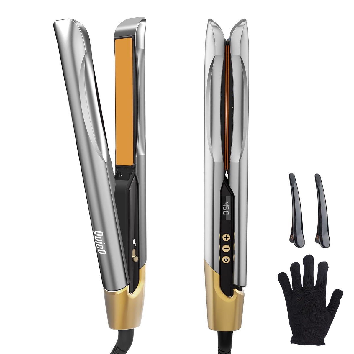 QUICO hair straightener close-up on 3D ceramic plates for even heat
