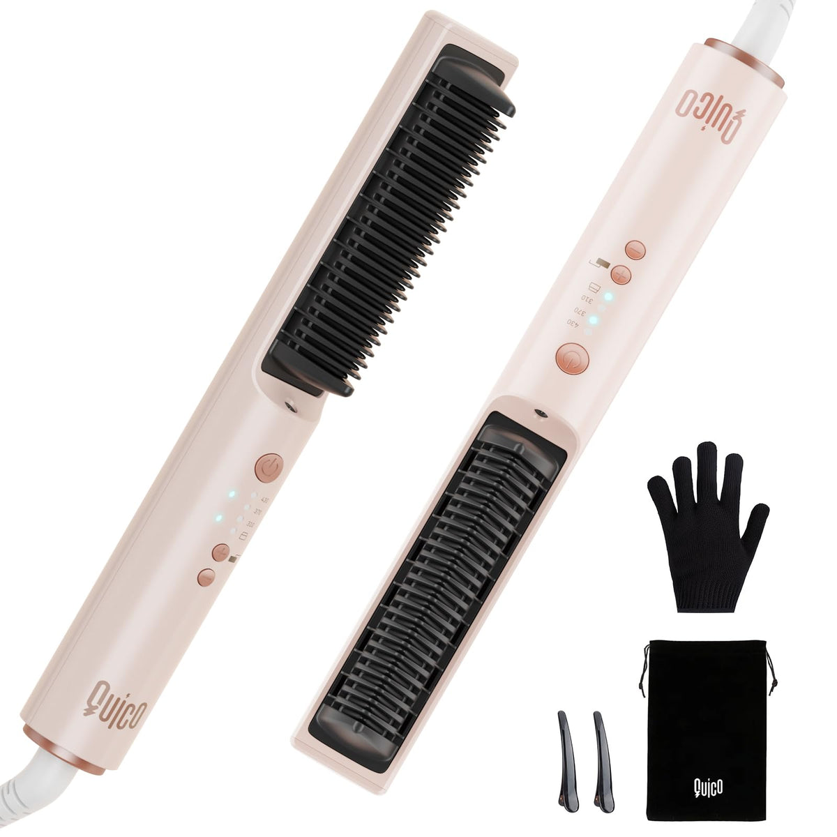 Quico hair-straightener-brush-fast-heat enables quick, one-pass straightening.