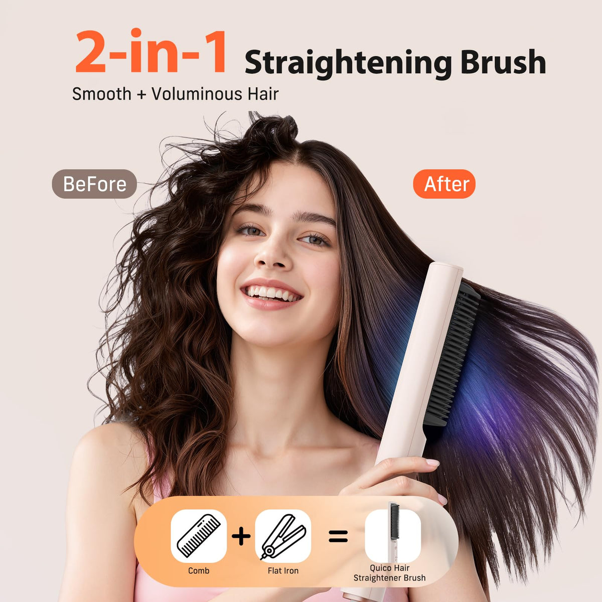 Quico hair-straightener-brush-ionic-technology delivers frizz control and shinier results.