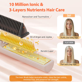 Quico hair-straightener-brush-keratin-tourmaline-heated-plate nourishes while styling.
