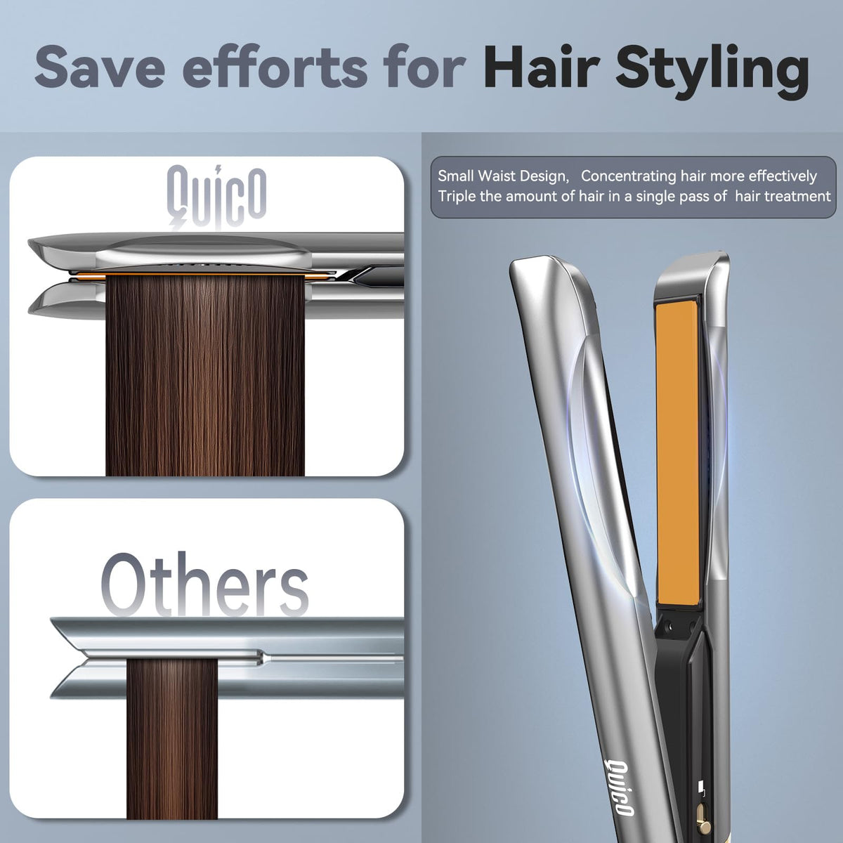 QUICO straightener curved edge design demonstrates secure hair grip