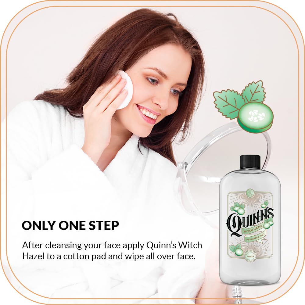 Quinn's alcohol-free toner-bottle image signals gentle, non-drying cleansing.