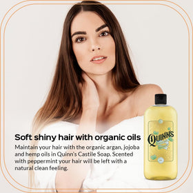 Quinn's Pure Castile liquid soap foam close-up highlights rich, moisturizing lather.
