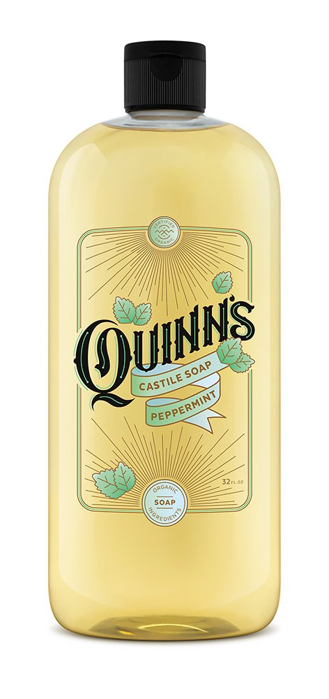 Quinn's Pure Castile Peppermint bottle demonstrates refreshing cleansing with natural peppermint scent.