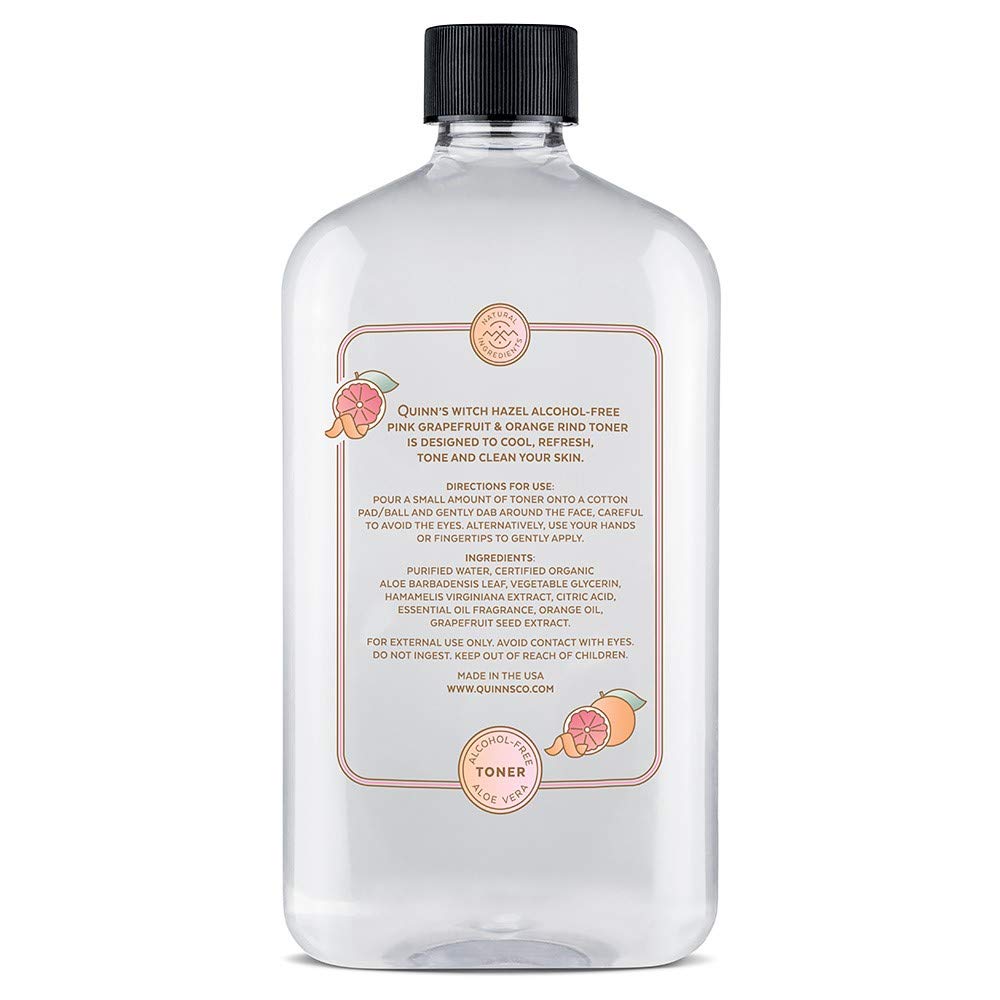 Quinn's Alcohol-Free Witch Hazel bottle signals non-drying cleansing retaining moisture.