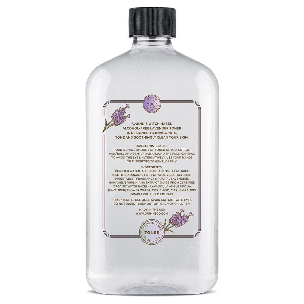 Quinn’s Witch Hazel ingredients list shows organic Aloe and skin-friendly blend.
