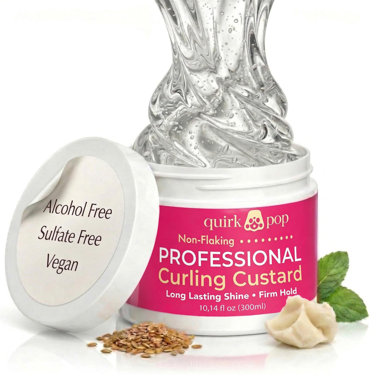 Quirk pop Curl Custard bottle pour shows easy application for flexible curl definition.