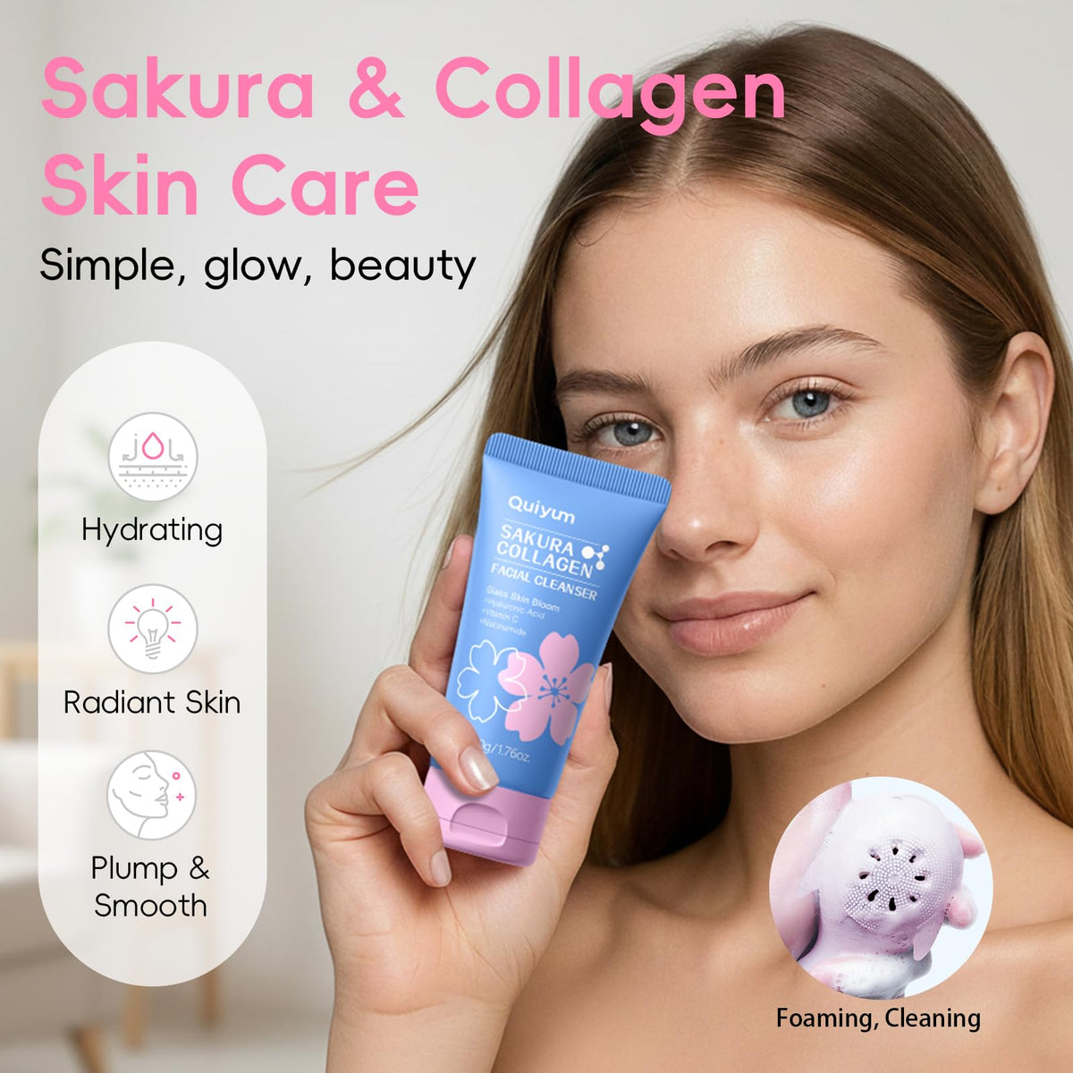 QUIYUM Sakura serum bottle provides hydration and improved texture.