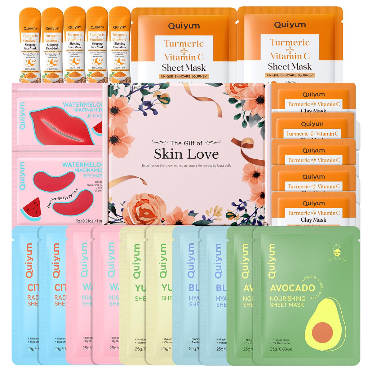 QUIYUM skincare set 26pcs packaging, travel-friendly pampering