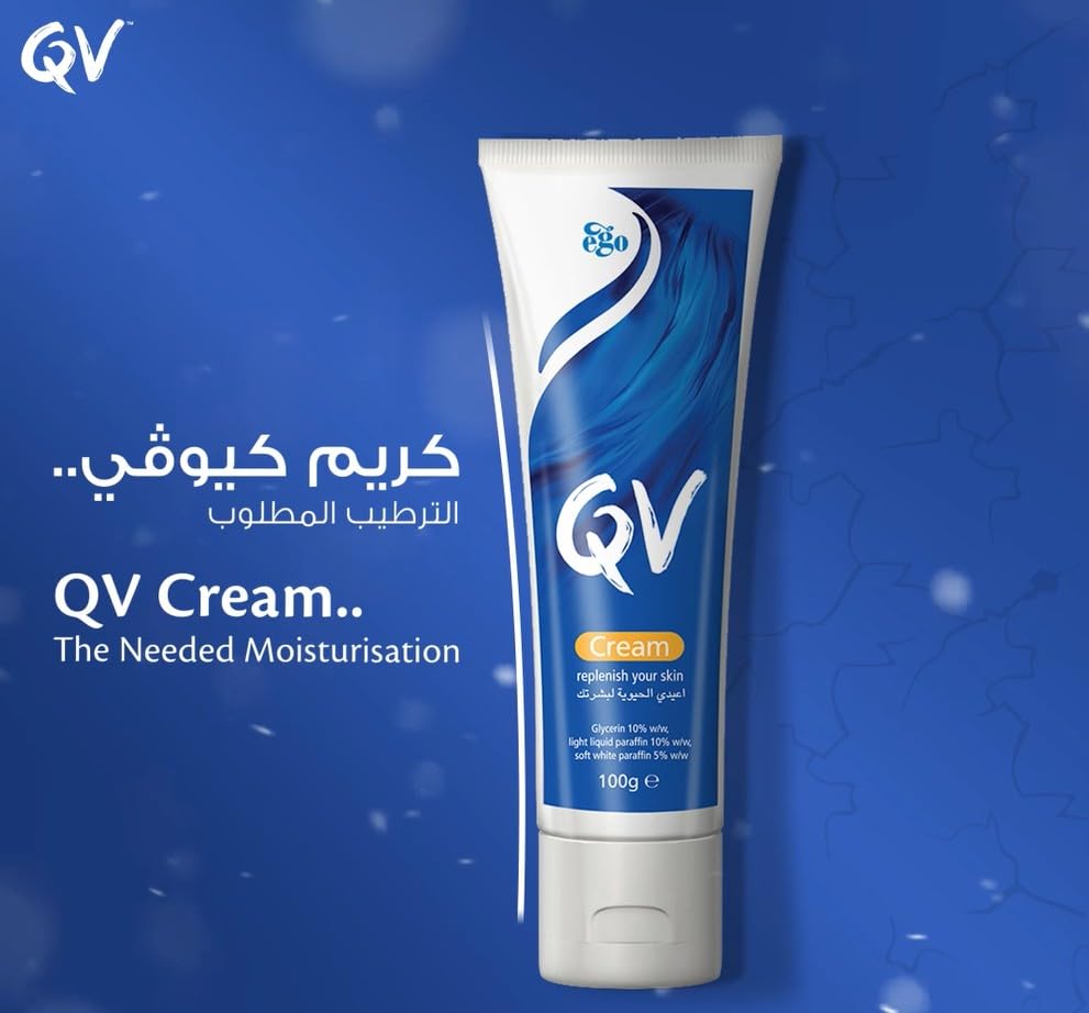 QV Cream application on elbows showing long-lasting moisture barrier.