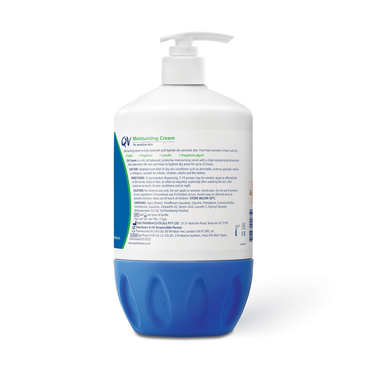 QV Cream pump dispenser shows fragrance-free formula for sensitive skin