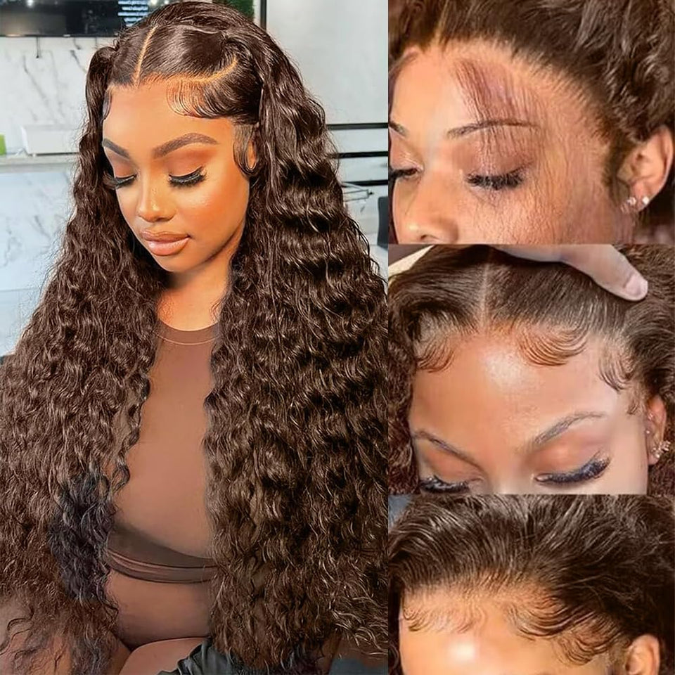 QWedafy chocolate brown lace front wig with deep wave texture for a natural look.