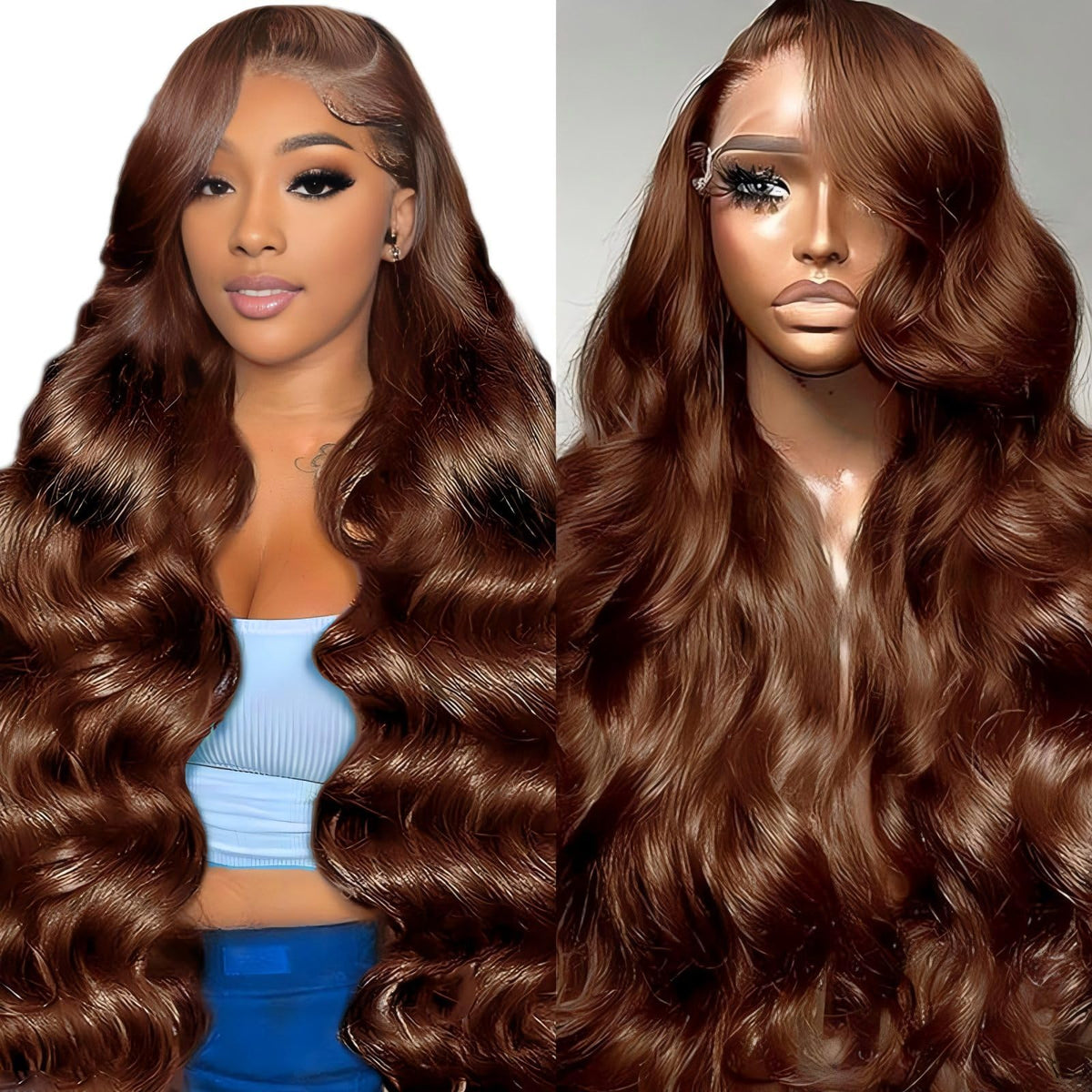 QZOQZO 28-inch chocolate brown lace front wig showing natural part and full body wave texture.