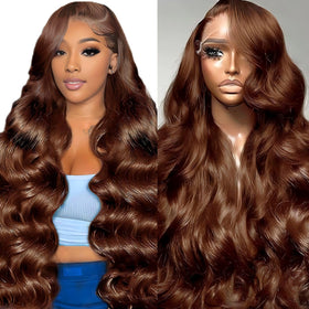 QZOQZO 28-inch chocolate brown lace front wig showing natural part and full body wave texture.
