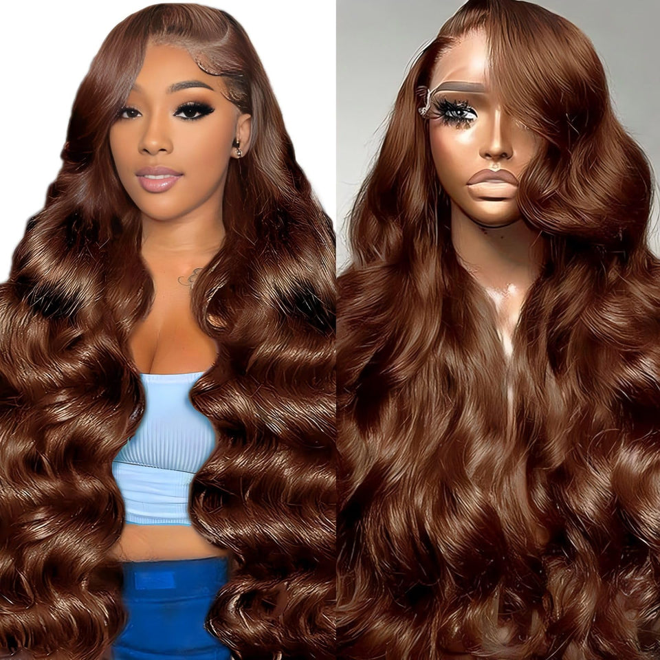 QZOQZO 28-inch chocolate brown lace front wig showing natural part and full body wave texture.