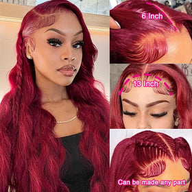 QZOQZO burgundy body-wave close-up showing soft, voluminous waves