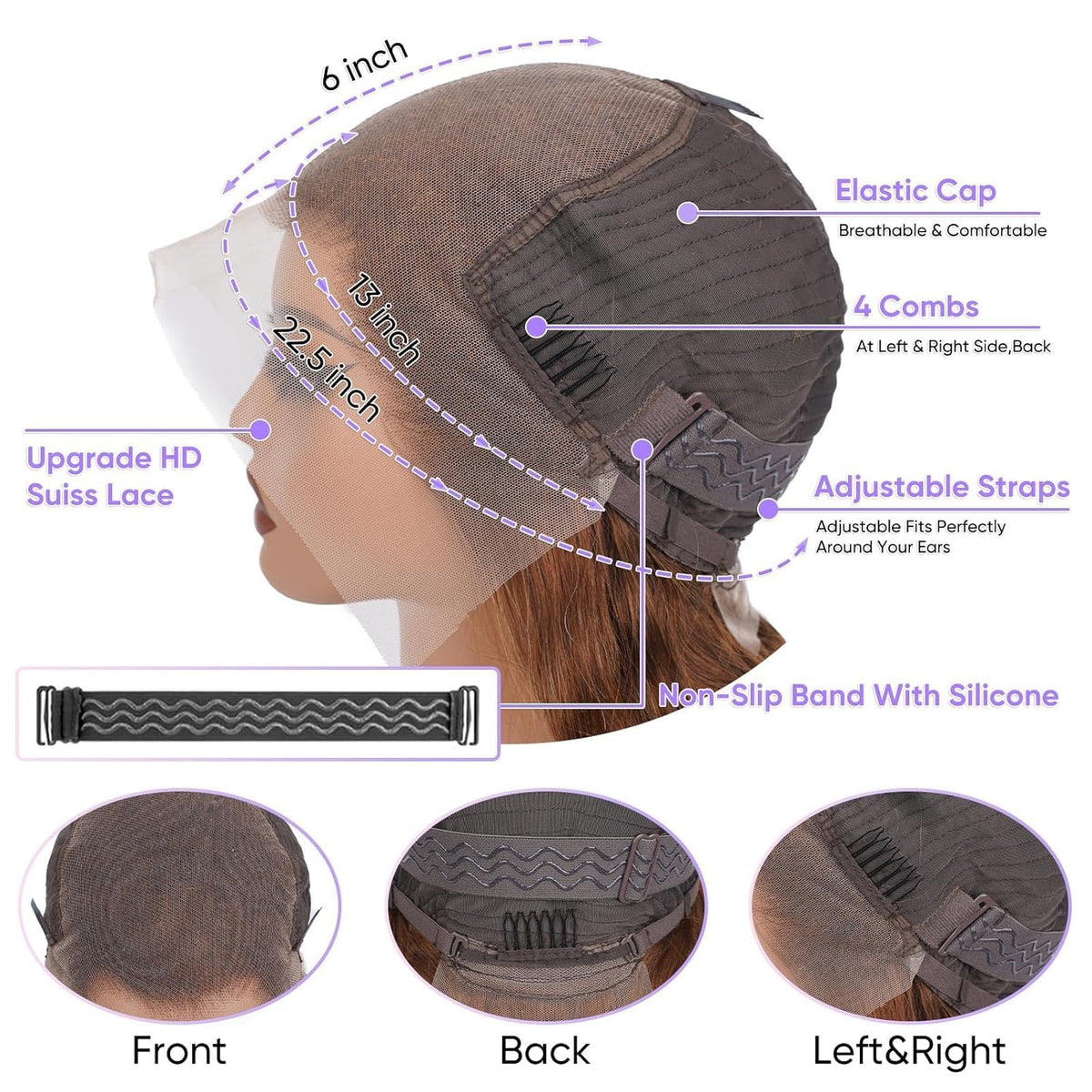 QZOQZO glueless cap with adjustable straps for secure, comfortable wear.
