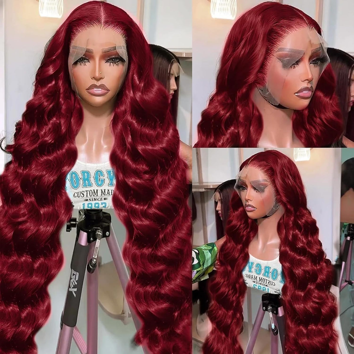QZOQZO burgundy wig with baby hairs enables versatile styling.
