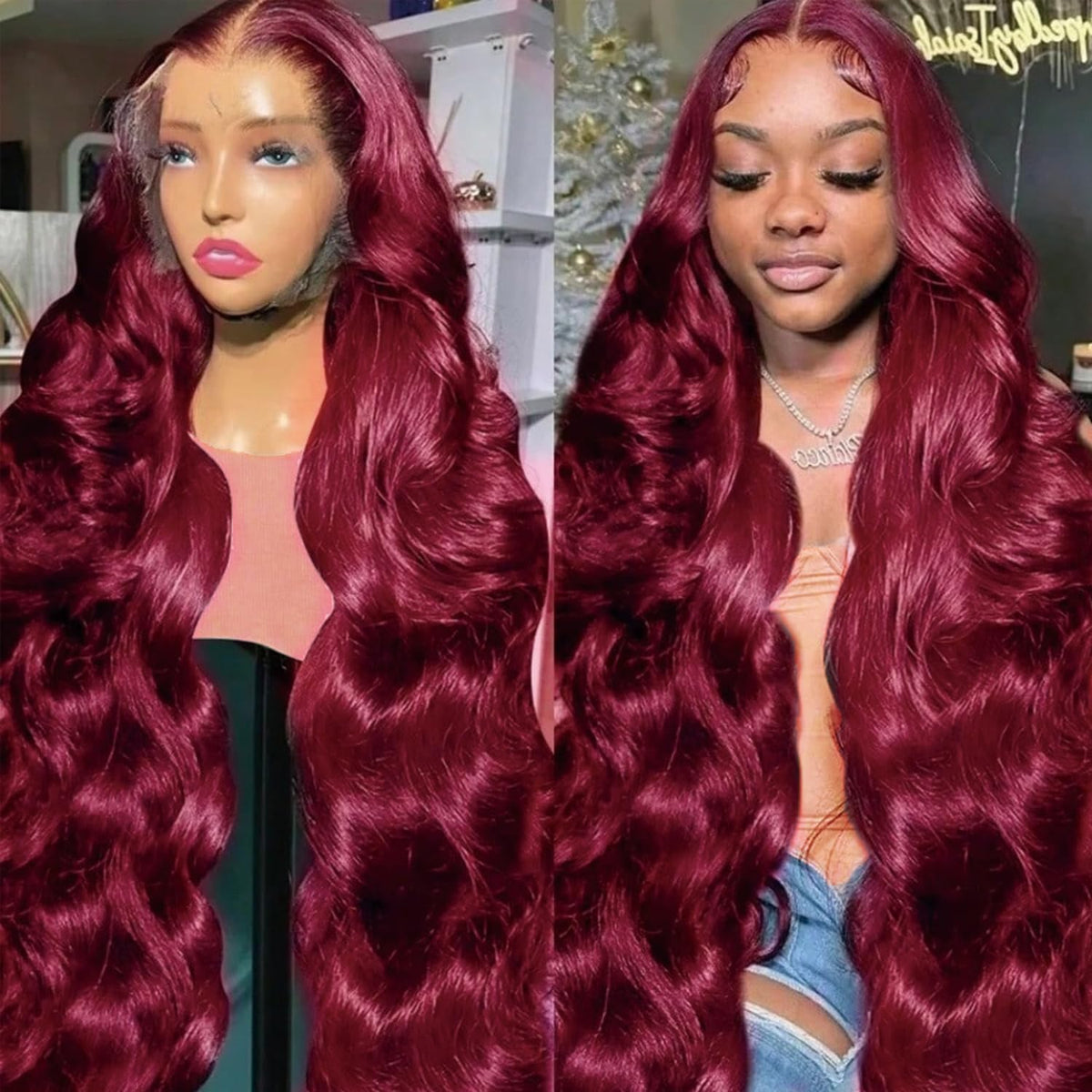 QZOQZO wine red lace front wig suited for weddings and special occasions.