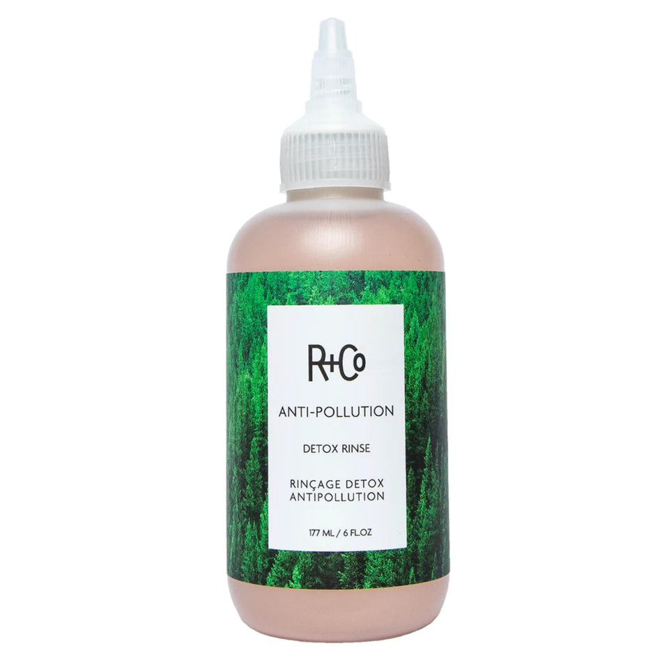 R+Co Anti-Pollution Detox Rinse bottle, ready for daily hair detox and shine