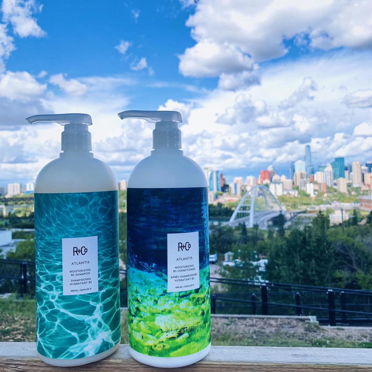 R+Co Atlantis shampoo on shelf for everyday moisturizing routine.