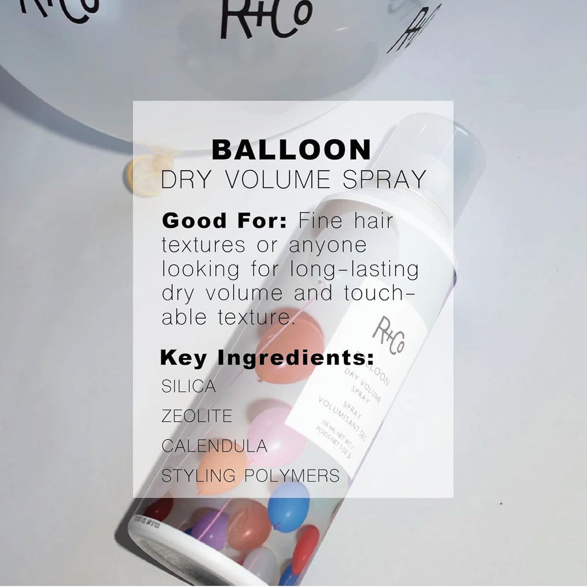 R+Co Balloon Dry Volume Spray compact 2 oz size for carry-on.