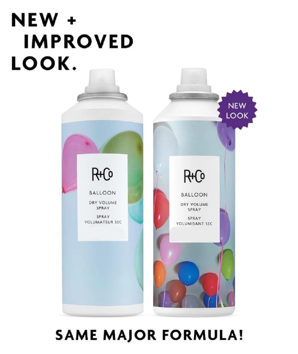 R+Co Balloon Dry Volume Spray mist delivering weightless hold for hair.